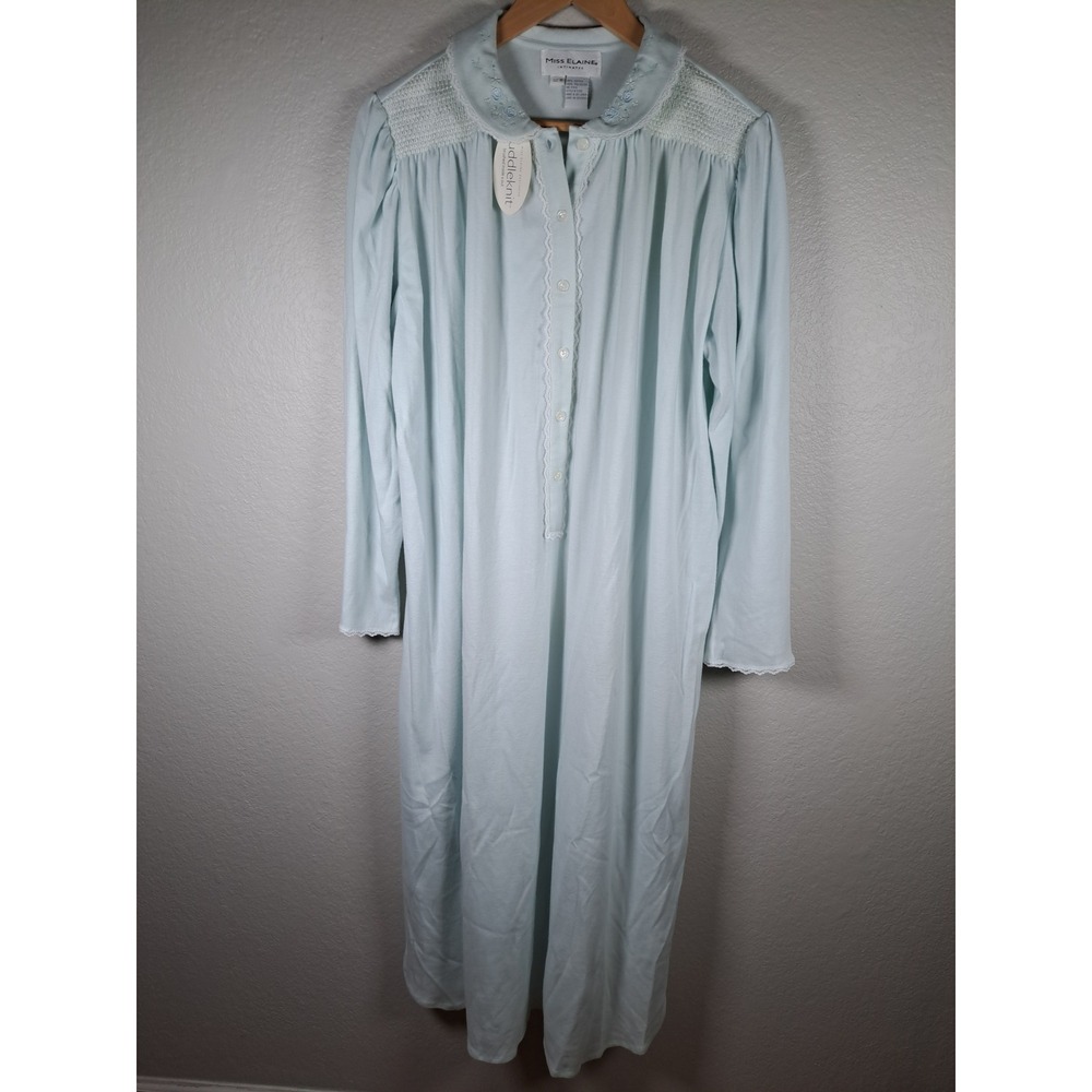 Miss Elaine Cuddleknit Nightgown Blue Embroidered Smocked Long Sleeve M
